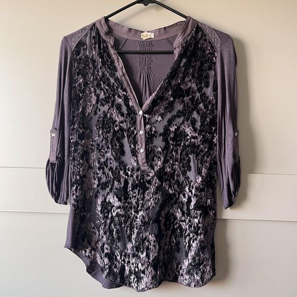 Anthropologie Tiny Blouse Women Medium Purple Black Velvet Burnout Silk Flaw - Picture 1 of 16